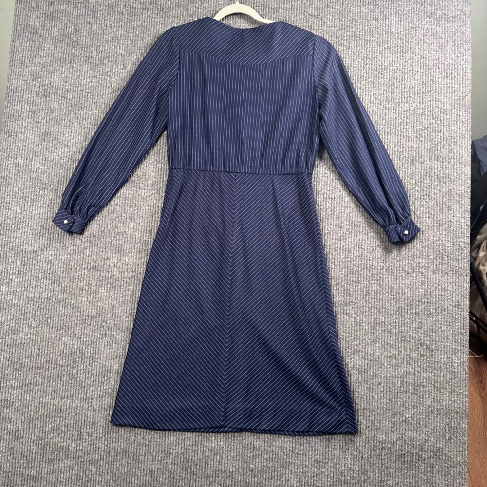 Vintage Sharon Dee Navy Pinstripe Midi Dress Long Sleeve Secretary 80s 10 - Picture 2 of 10